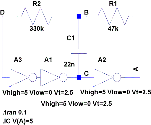 bufferとinverterとをつかう発振回路